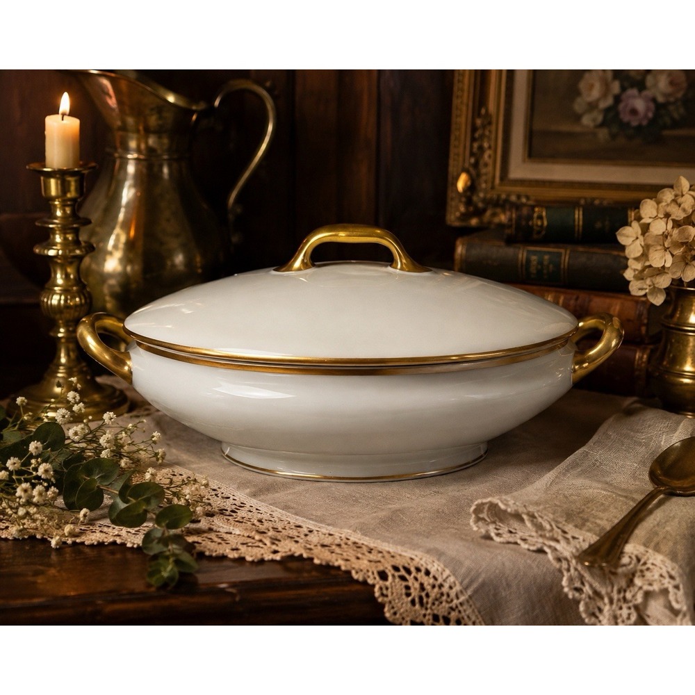 Antique Elite Works Limoges France Covered Vegetable Bowl Gold Handles